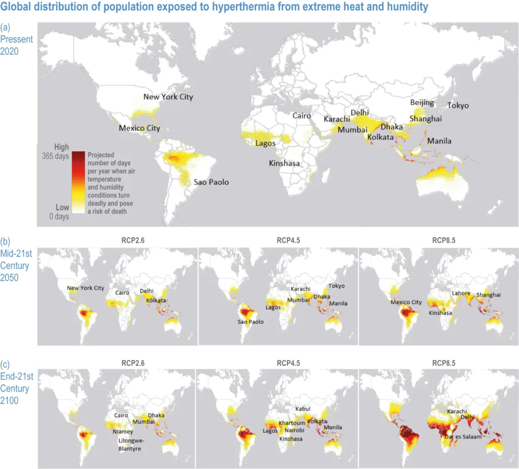 Evolution futur du nombre de jour avec un humidex élevé suivant différent scénario de réchauffement climatique